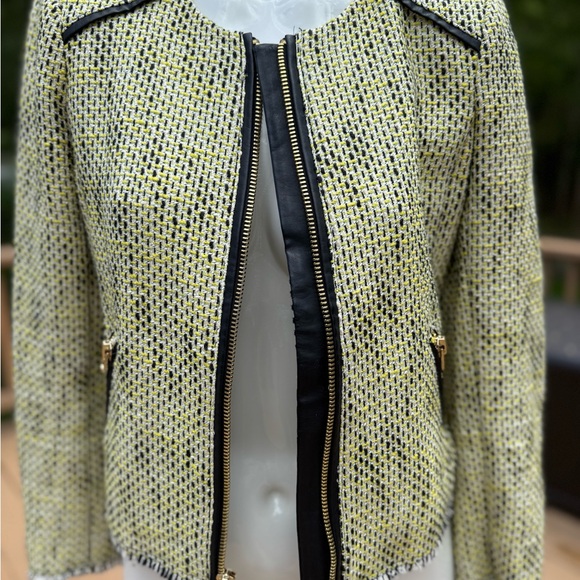 Juicy Couture Yellow/Green Tweed Jacket front zip faux leather trim size small - Picture 10 of 13